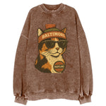 Maryland Calico Cat wearing Baltimore beanie with pom pom and wayfarer - Vintage Sweatshirt