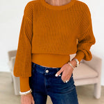 4 Colors Crewneck Back Cut Out Splice Knitting Sweater