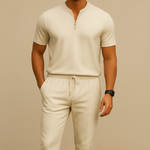Men's Summer Waffle Collar Zipper Set