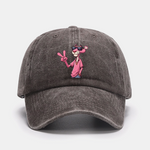 Pink Panther With V Sign Print Washed Baseball Cap