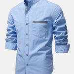Contrast Trim Linen Look Stand Collar Shirt