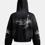 Distressed Cross Print Zipper Hoodie