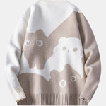 Color Block Cat Print Crew Neck Sweater