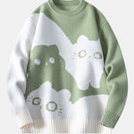 Color Block Cat Print Crew Neck Sweater