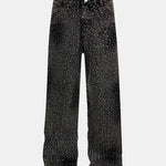 Rhinestone Washed Distressed Denim Wide-Leg Pants