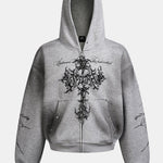 Distressed Cross Print Zipper Hoodie