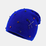 Fashion Punk Style Warm Rhinestone Knit Beanie Hat With Brooch Pin