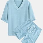 Relax Fit Geometric Jacquard V Neck Three Quarter Sleeve T-Shirt & Shorts