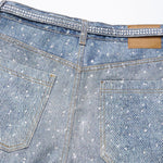 Rhinestone Washed Distressed Denim Wide-Leg Baggy Pants