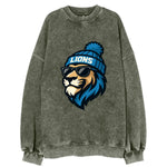 Detroit Lion wearing Lions Honolulu blue and silver beanie with pom pom and - Vintage Sweatshirt