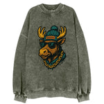Alaska Moose wearing Anchorage beanie with pom pom and wayfarer sunglasses - Vintage Sweatshirt