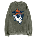 Denver Mountain Goat wearing Broncos beanie with Mile High patch and wayfarer - Vintage Sweatshirt