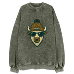 Kansas American Bison wearing Wichita beanie with pom pom and wayfarer - Vintage Sweatshirt