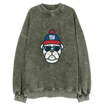 New York Bulldog wearing Giants blue and red beanie with pom pom and wayfarer - Vintage Sweatshirt