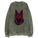 Alert German Shepherd with cyber circuit patterns in the fur, neon orange and - Vintage Sweatshirt