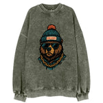 Calgary Grizzly Bear wearing Calgary beanie with pom pom and wayfarer - Vintage Sweatshirt