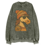 Outer Banks Wild Horse wearing OBX beanie with pom pom and wayfarer sunglasses - Vintage Sweatshirt