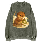 Otter weaving river reeds into a floating crown beside mirror-still water - Vintage Sweatshirt
