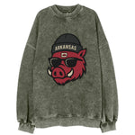 Fayetteville Razorback wearing Arkansas beanie with hog patch - Vintage Sweatshirt
