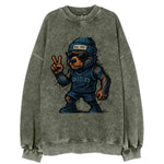 Memphis Grizzly Bear wearing Grizzlies navy and light blue beanie with Beale - Vintage Sweatshirt