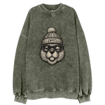 New York Beaver wearing NYC beanie with pom pom and wayfarer sunglasses - Vintage Sweatshirt