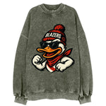 Oregon Duck wearing Trail Blazers beanie with rose patch and wayfarer - Vintage Sweatshirt
