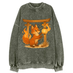 Foxfire kitsune stringing lanterns along a torii gate with tails of living - Vintage Sweatshirt