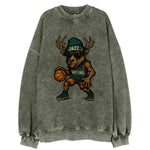Salt Lake Elk wearing Jazz beanie with saxophone patch and wayfarer sunglasses - Vintage Sweatshirt