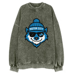 Motor City Wolverine wearing Lions beanie with gear patch and wayfarer - Vintage Sweatshirt