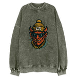 Winston-Salem Demon wearing Wake Forest beanie with WF patch - Vintage Sweatshirt