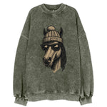 Vermont Morgan Horse wearing Burlington beanie with pom pom and wayfarer - Vintage Sweatshirt