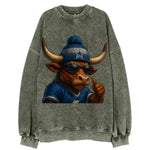 Texas Longhorn wearing Cowboys silver and blue beanie with star and wayfarer - Vintage Sweatshirt