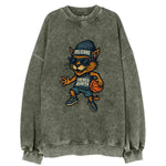 French Quarter Cat wearing Pelicans beanie with Mardi Gras patch and wayfarer - Vintage Sweatshirt