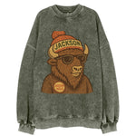 Jackson Hole Bison wearing Jackson beanie with pom pom and wayfarer sunglasses - Vintage Sweatshirt