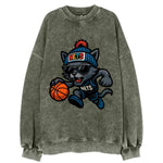 Brooklyn Cat wearing Nets beanie with street art patch and wayfarer sunglasses - Vintage Sweatshirt