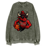 Chicago Bull wearing Bulls red and black beanie with horns design and wayfarer - Vintage Sweatshirt
