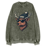 Flagstaff Elk wearing Flagstaff beanie with pom pom and wayfarer sunglasses - Vintage Sweatshirt