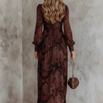 Retro Zipper Neck Long Sleeve Paisley Print Midi Dress