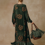 Retro Silhouette Printed Green Faux Suede Tassel Maxi Dress