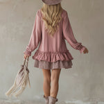 Retro Sporty Style Checkered Trim Powder Pink Sweatshirt Mini Dress