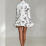 Women's White Printed High-Neck Ruffled Mini Dress
