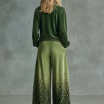 Trendy Retro Sporty Green Velvet Top And Leopard Print Wide-leg Pants Set