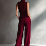 Women's Sleek Cotton-Linen Blend Burgundy Sleeveless Turtleneck Wide-Leg Jumpsuit