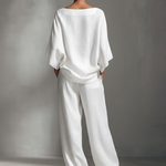 Women's Relaxed Linen-Blend White Boat-Neck Batwing-Sleeve Oversized Top & Wide-Leg Pants Set