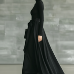 Women's Black High-Neck High-Stretch Knitted And Satin Flared Maxi Dress