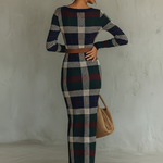 Women's Minimalist Check Knit Belted Square Neck Maxi Dress