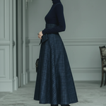 Women's Dark Blue High Elastic Knit And Plaid Wool Skirt Set