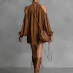 Women's Loose-fitting Faux Suede Halter Neck Semi-high Collar Lantern Sleeve Mini Dress