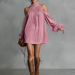 Women's Loose-fitting Faux Suede Halter Neck Semi-high Collar Lantern Sleeve Mini Dress