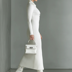 Women's White Knitted Polo Neck Slim Midi Dress